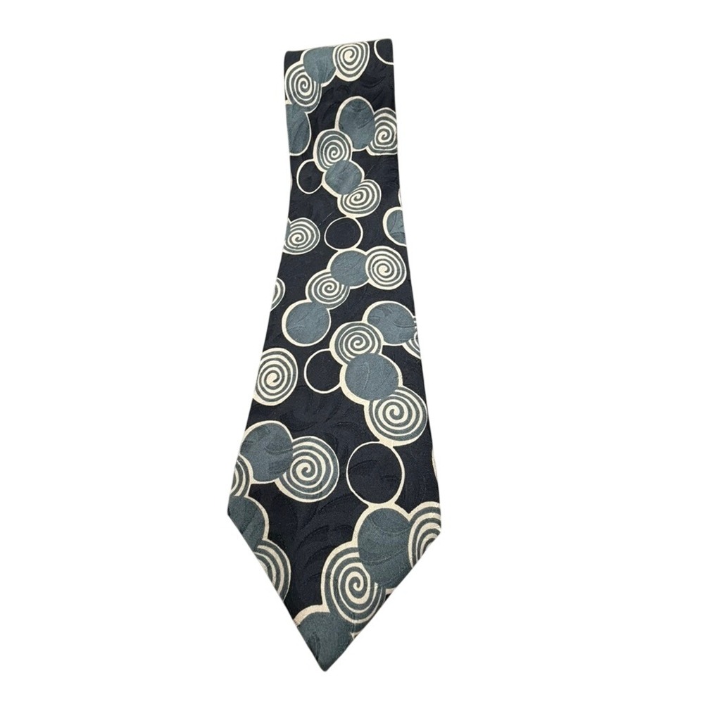 Swing Mens Silk Tie Black Grey Cream Geometric Swirl Circle Handmade Italy VTG
